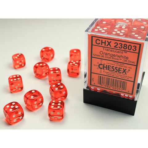 CHX23803 Translucent Orange/White 12mm d6 Block (36 d6)