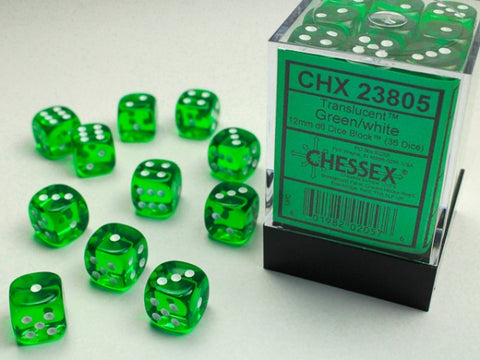 CHX23805 Translucent Green/White 12mm d6 Block (36 d6)