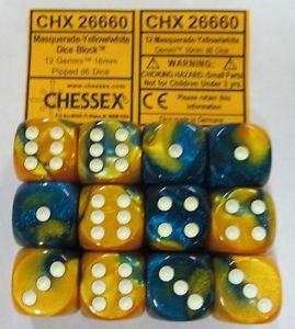 CHX26660 Gemini Masquerade/Yellow with White 12 x 16mm D6 Set - Leisure Games