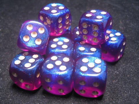 CHX27667 Borealis Royal Purple with Gold 16mm d6 Dice Block(12 d6)* - Leisure Games