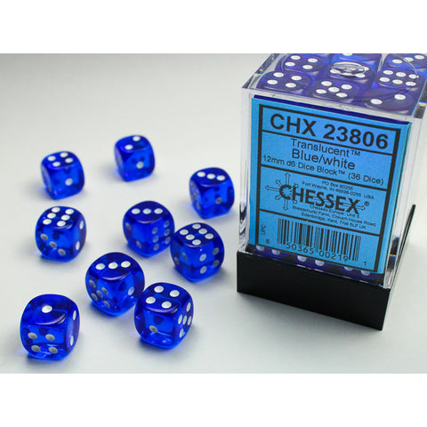 CHX23806 Translucent Blue/White 12mm d6 Block (36 d6)