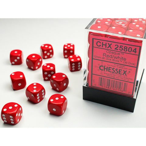 CHX25804 Opaque Red with White 12mm d6 Dice Block (36 x d6)
