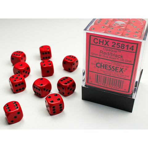 CHX25814 Opaque Red with Black 12mm d6 Dice Block (36 x d6)