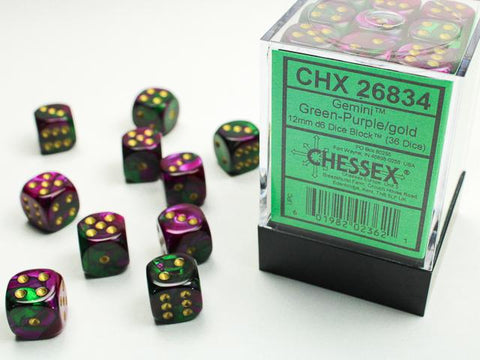 CHX26834 Gemini Green-Purple/Gold 12mm d6 Block (36 d6)