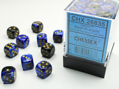 CHX26835 Gemini Black-Blue/Gold 12mm d6 Block (36 d6)