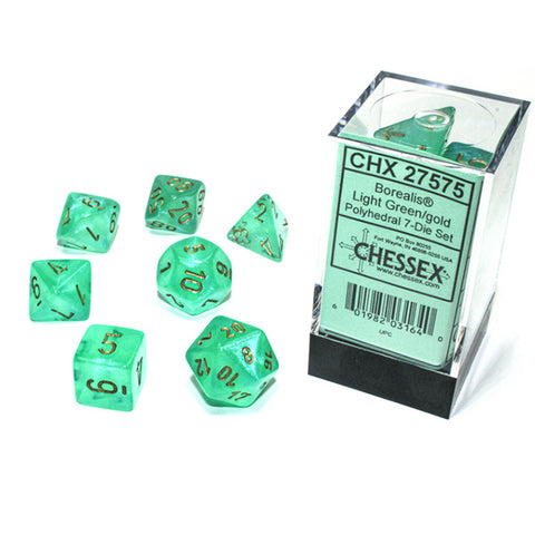 CHX27575 Borealis Polyhedral 7 Dice Set - Luminary Light Green & Gold