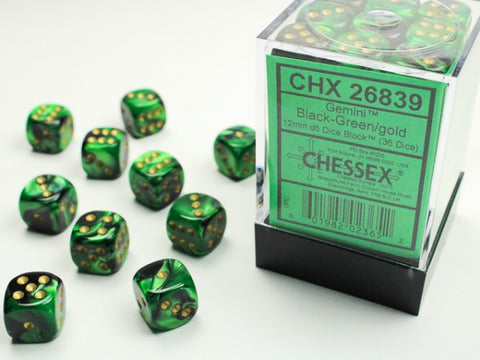 CHX26839 Gemini Black-Green/Gold 12mm d6 Block (36 d6)