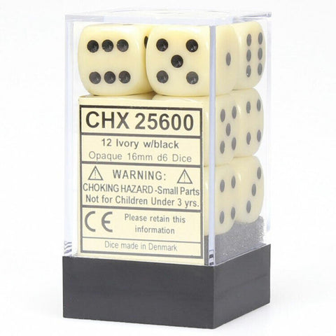 CHX25600 Opaque Ivory with Black 16mm d6 Dice Block(12 d6)