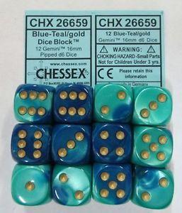 CHX26659 Gemini Blue/Teal with Gold 12 x 16mm D6 Set - Leisure Games