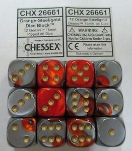 CHX26661 Gemini Orange/Steel with Gold 12 x 16mm D6 Set - Leisure Games