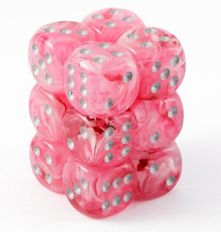 CHX27724 Ghostly Glow Pink with Silver 16mm d6 Dice Block(12 d6)* - Leisure Games