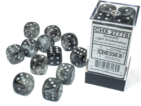 CHX27778 Borealis 16mm d6 Luminary Dice Block: Light Smoke/silver (12 Dice)