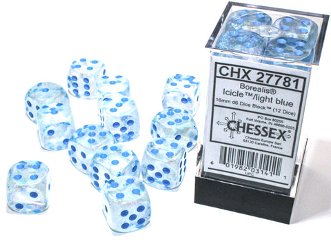CHX27781 Borealis 16mm d6 Luminary Dice Block: Icicle/light blue (12 Dice)