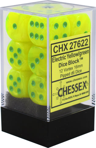 CHX27622 Vortex Electric green/yellow 16mm d6 Dice Block(12 d6)