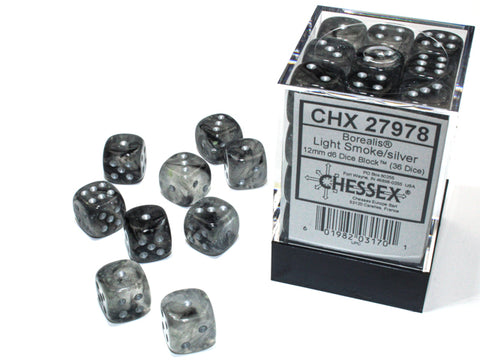CHX27978 Borealis 12mm d6 Luminary Dice Block: Light Smoke/silver