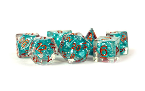 16mm Resin Pearl Dice Poly Set Teal w/ Copper Numbers