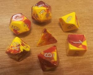 CHX26450 Gemini Red-Yellow with Silver numbers Polyhedral Dice Set (7 dice) - Leisure Games