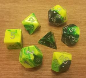 CHX26454 Gemini Green-Yellow with Silver numbers Polyhedral Dice Set (7 dice) - Leisure Games