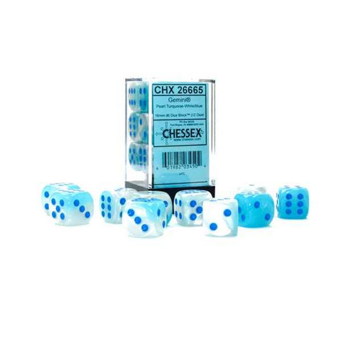 CHX26665: Gemini 16mm d6 Pearl Turquoise-White/blue Luminary Dice Block (12 dice)