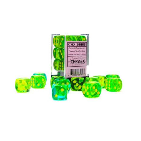 CHX26666: Gemini 16mm d6 Translucent Green-Teal/yellow Dice Block (12 dice)