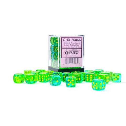 CHX26866: Gemini 12mm d6 Translucent Green-Teal/yellow Dice Block (36 dice)