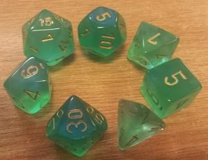 CHX27425 Borealis Light Green with Gold numbers Polyhedral Dice Set (7 dice) - Leisure Games