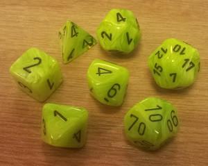 CHX27430 Vortex Bright Green with Black numbers Polyhedral Dice Set (7 dice) - Leisure Games