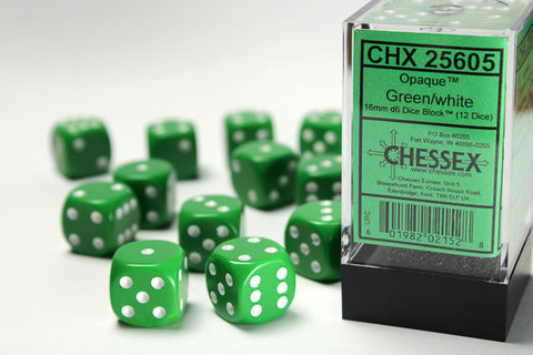 CHX25605 Opaque Green with White 16mm d6 Dice Block(12 d6)