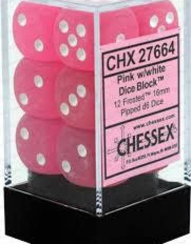 CHX27664 Frosted Pink/white16mm d6 Dice Block(12 d6)