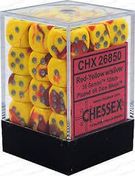 CHX26850 Gemini Red/Yellow with Silver 36 x 12mm D6 Set - Leisure Games