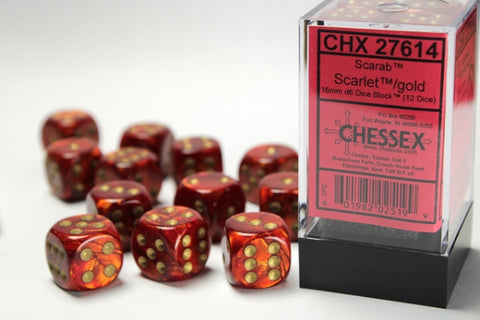CHX27614 Scarab Scarlet with Gold 16mm d6 Dice Block (12 d6)