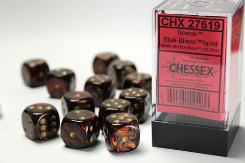 CHX27619 Scarab Blue-Blood with Gold 16mm d6 Dice Block(12 d6)