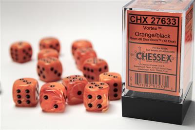 CHX27633 Vortex Orange with Black 16mm d6 Dice Block (12 d6)