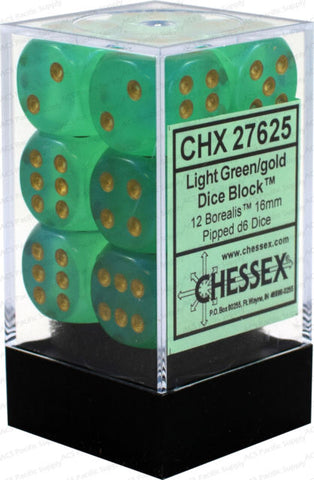 CHX27625 Borealis Light green/gold 16mm d6 Dice Block(12 d6)